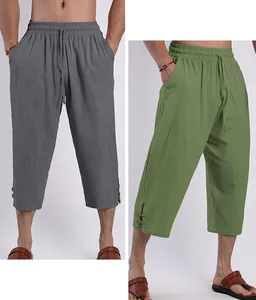 Men's cotton linen cropped beach pants with drawstring waist in grey and green