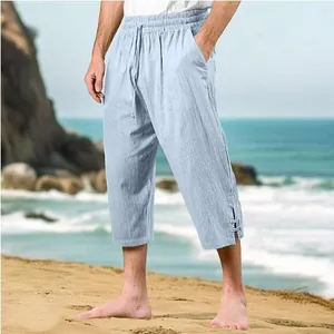 Men's casual light blue cotton linen beach pants with elastic drawstring waist detail