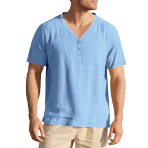 Light blue short sleeve Henley shirt for men featuring breathable linen-like fabric