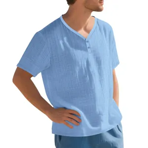 Close-up of men's light blue slub linen-look Henley T-shirt with V-neck and buttons