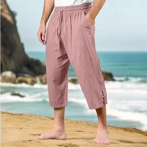 Men's breathable pink cotton linen beach pants with drawstring waist detail