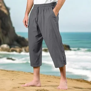 Men's breathable grey cotton linen cropped beach pants with drawstring elastic waist