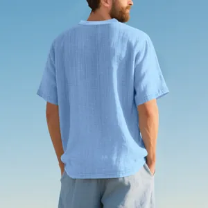 Close-up back view of light blue men's breathable imitation linen Henley T-shirt