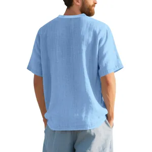 Detailed back view of a light blue linen-textured men's casual short sleeve t-shirt
