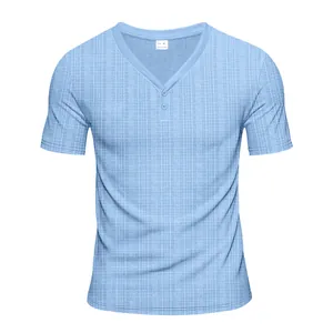 Detail view of light blue slub texture men's short sleeve casual Henley t-shirt