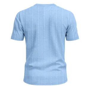 Detailed back view of light blue men's casual faux linen t-shirt with slub texture