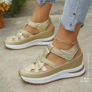 Elegant women's gold wedge sandals with 7cm heel and adjustable velcro straps