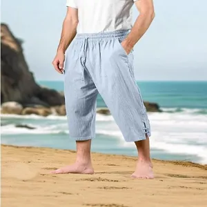 Men's breathable cotton linen beach pants with drawstring elastic waist and side knot detail