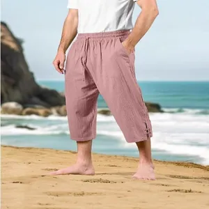 Men's breathable linen cotton drawstring beach pants in dusty rose for summer leisure