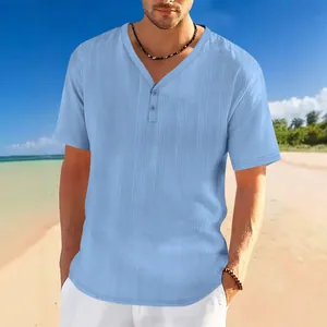 Men's light blue short sleeve Henley T-shirt featuring a breathable slub linen-like texture