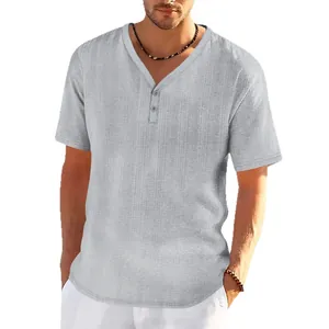 Men's casual grey slub linen Henley t-shirt with short sleeves and button V-neck