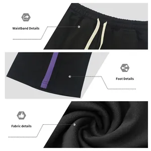 Close-up details of high street men's sweatpants with purple side stripes and texture.