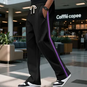 Men's high-street hip-hop sweatpants with purple side stripes and flared leg detail