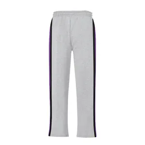 Men's grey high street hip-hop joggers featuring stylish purple and black side stripe details