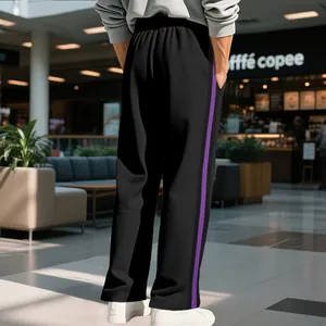 Detailed back view of men's high street black flared sweatpants with purple side stripe
