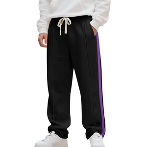 Men's high-street hip-hop sweatpants in black featuring a contrast purple side stripe