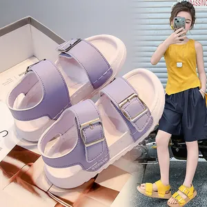 Trendy children's purple and yellow summer beach sandals with buckle straps