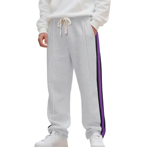 Men's grey flared sweatpants with contrast purple side stripes and drawstring waist