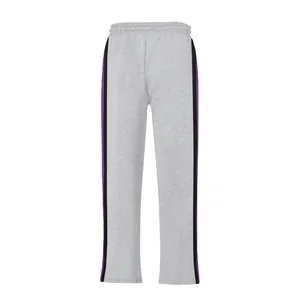 Grey flared sweatpants for men with purple and black side stripes, hip-hop style