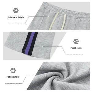 Close-up of grey sweatpants showing waistband, striped cuffs and soft fabric texture.