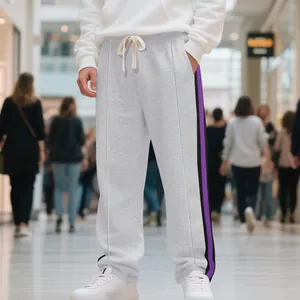 Men's high street hip-hop grey sweatpants with purple stripes and flare leg fit