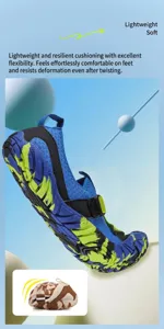 Detailed macro view of flexible blue and green water shoes featuring a non-slip sole design.