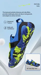 Close-up detail of the anti-slip textured rubber sole on these blue and green wading shoes