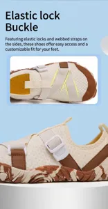 Detail view of the breathable wading shoe featuring an elastic lock buckle system.