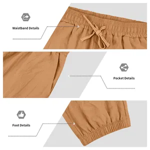 Detail view of men's linen joggers showing drawstring waistband, side pockets and elastic cuffs