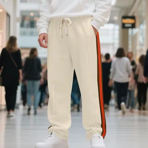 Men's high-street cream flared sweatpants with retro side stripes