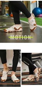 Detail view of breathable water shoes showing non-slip soles in a gym training setting