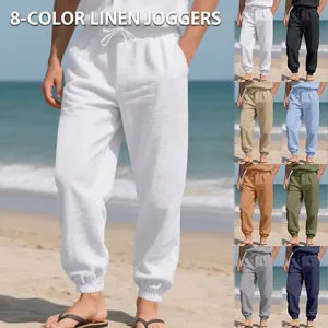 Men Breathable Linen Jogger Pants Linen Blend Drawstring Elastic Waist Trousers Summer Beach Casual Straight Leg Pants For Men