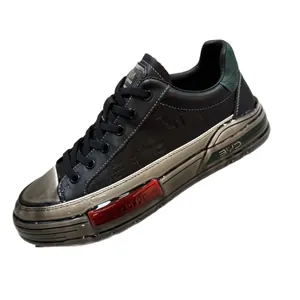 Modern black men's casual leather sneakers with unique red and transparent sole design