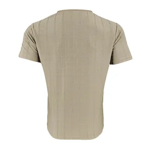 Detailed back view of men's khaki summer t-shirt with premium slub linen texture