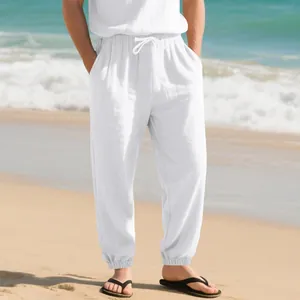 Pantalon de jogging en lin blanc pour homme avec cordon de serrage pour l'été à la plage