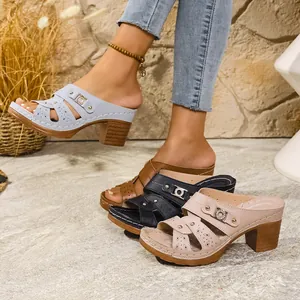 Detailed view of women's peep-toe platform mules in multiple colors with chunky heels.