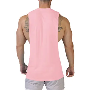 Rear view of a men's pink fitness tank top showing side-slit muscle-fit design and loose fit
