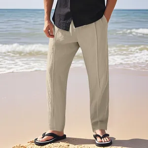 Lässige Leinenhose für Herren mit geradem Bein in Beige, ideal für Strand und Sommer.