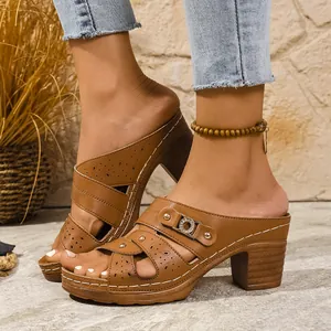 Women Platform Peep Toe Sandals High Heel Mules Laser Cut Rhinestone Buckle Summer Plus Size Sandals Shoes For Women