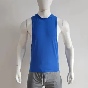 Detail view of a blue men's athletic tank top featuring deep side cutouts on a mannequin