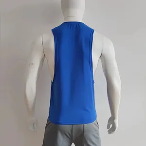 Rear view of a men's bright blue sports tank top featuring deep side split for bodybuilding