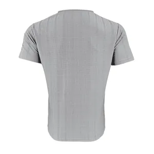 Back view of grey textured Henley t-shirt showing detailed slub fabric pattern
