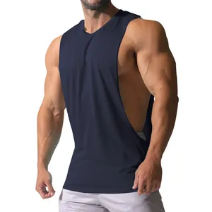 Close-up of a navy blue men's fitness tank top with wide armholes and side slits.
