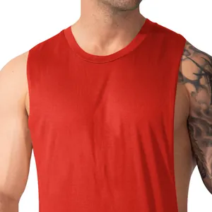 Macro detail of red men's gym muscle tank top showing deep side cut and breathable fabric