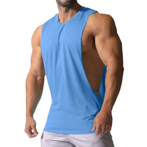 Close-up of blue men's fitness tank top with deep side cut design for bodybuilding.