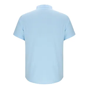 Back view of light blue men's casual stand collar short-sleeve shirt with texture