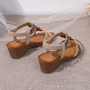 Rear view of Bohemian wedge sandals featuring colorful rhinestone and bead details