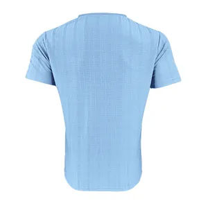 Back view of men's casual light blue T-shirt with breathable slub texture pattern.