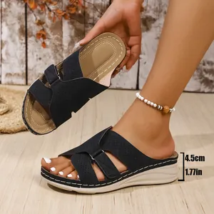 Close-up of black cross-strap wedge sandals highlighting the 4.5cm heel height detail.