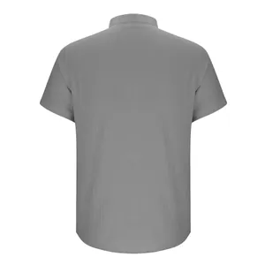 Back view of men's grey casual short sleeve shirt with soft linen-like texture